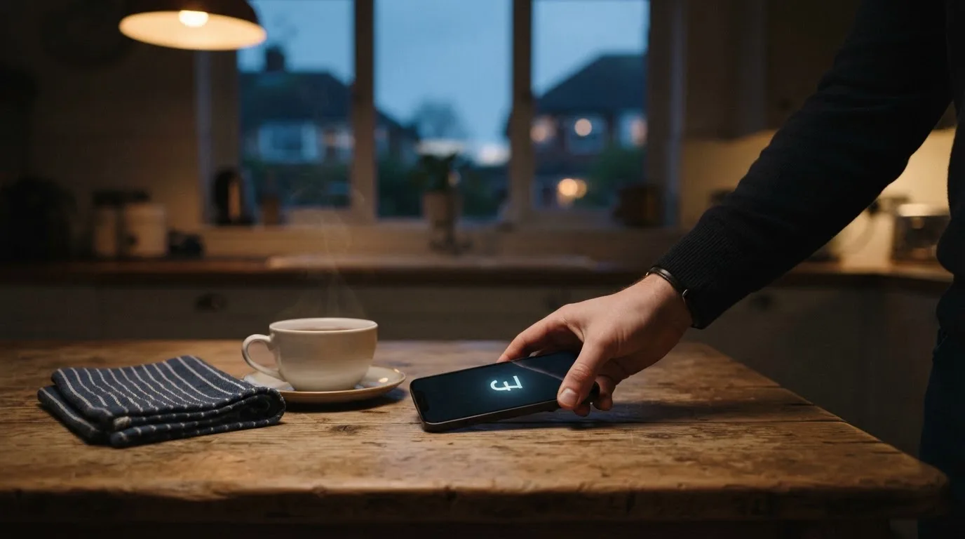 A hand setting a smartphone down beside a cup of tea on a kitchen table on a quiet evening