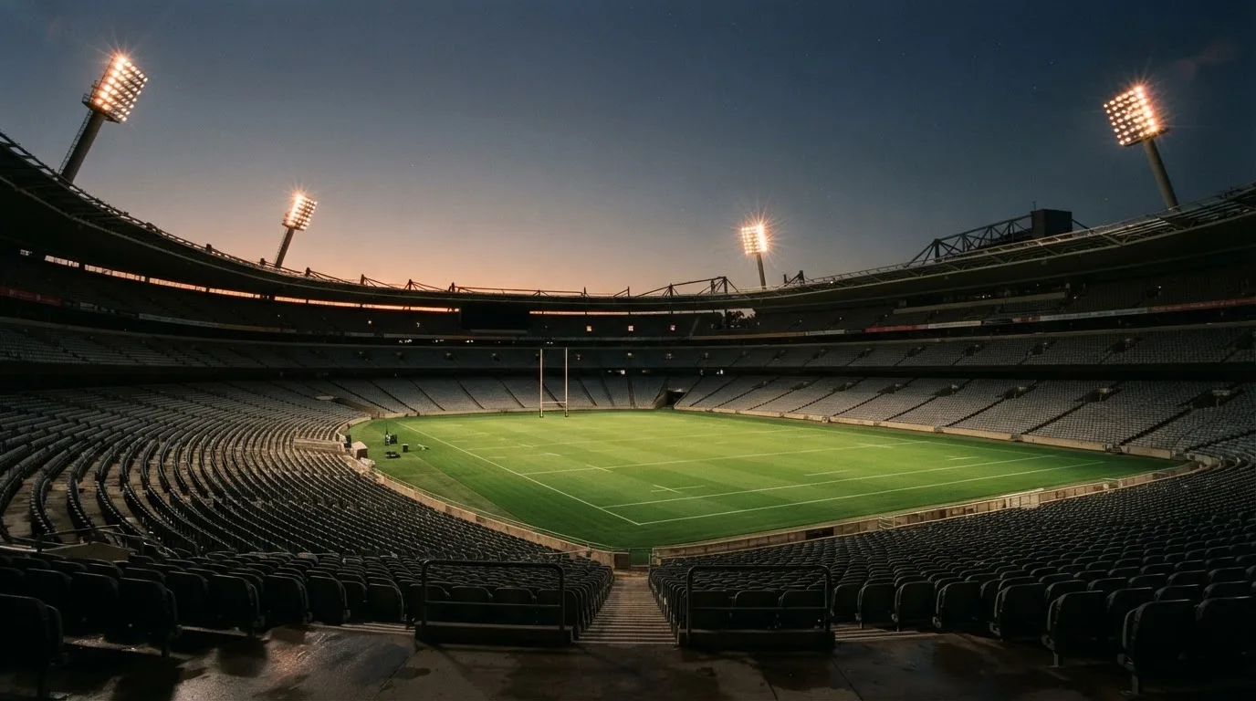 An empty football stadium with floodlight masts at dusk