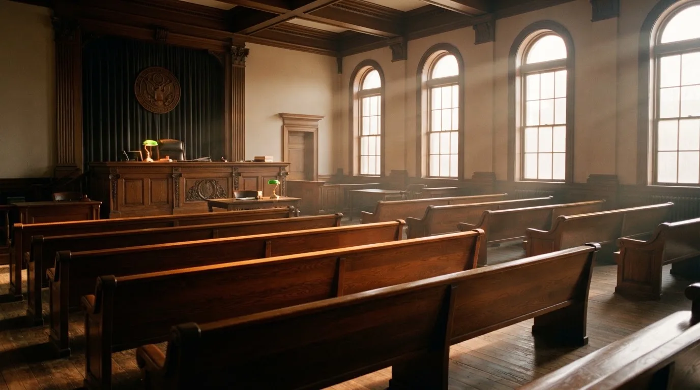 An empty courtroom with wooden benches in morning light