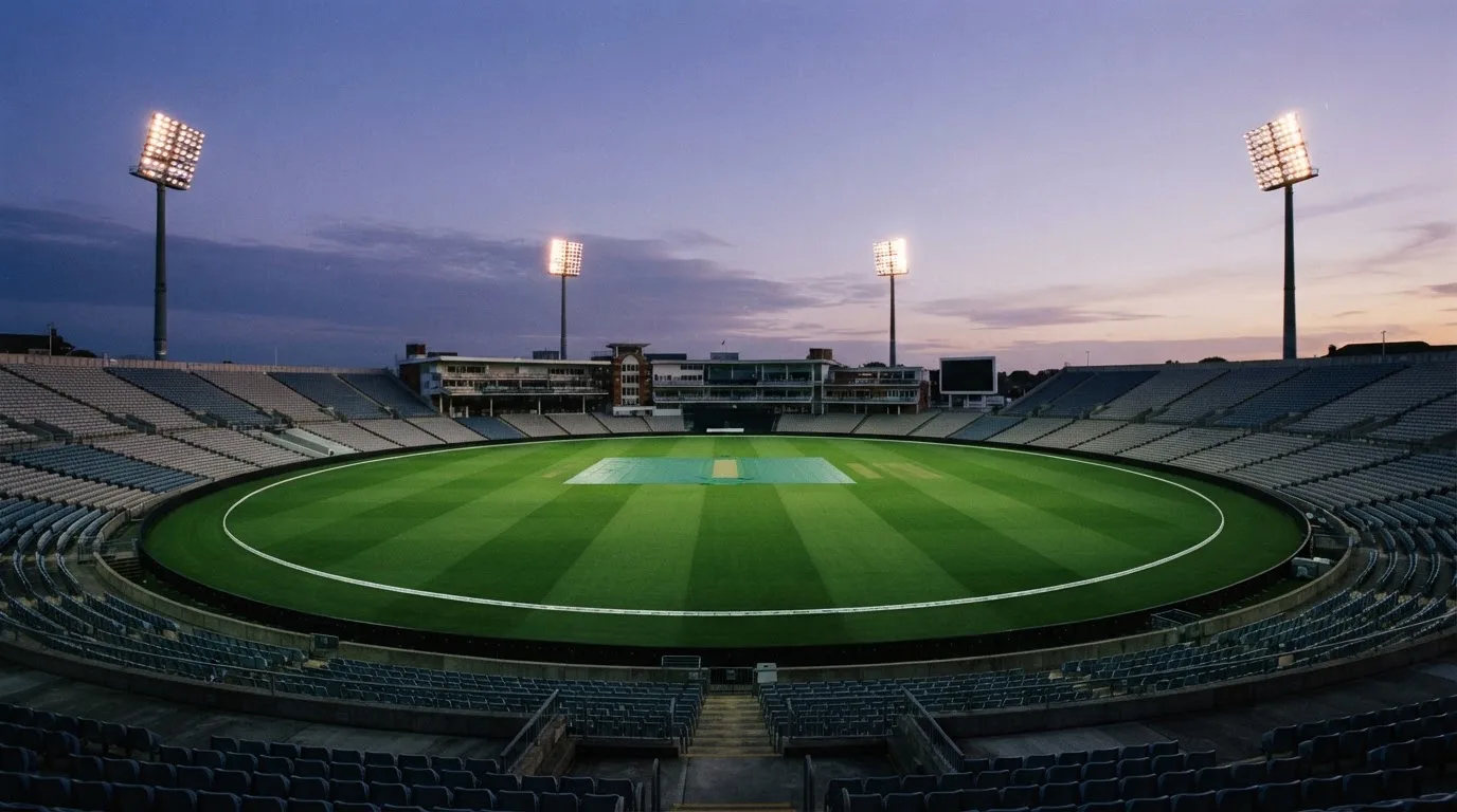 An empty football stadium with floodlight masts at dusk