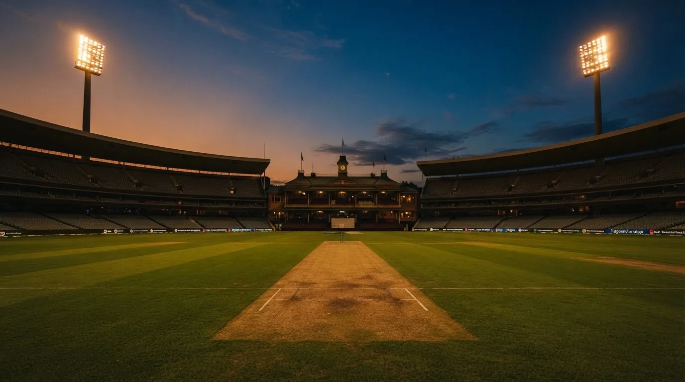 An empty football stadium with floodlight masts at dusk