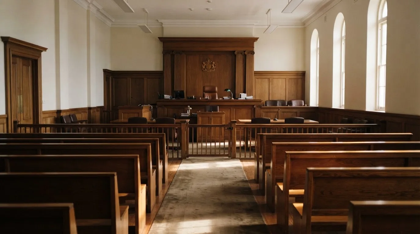 An empty courtroom with wooden benches in morning light