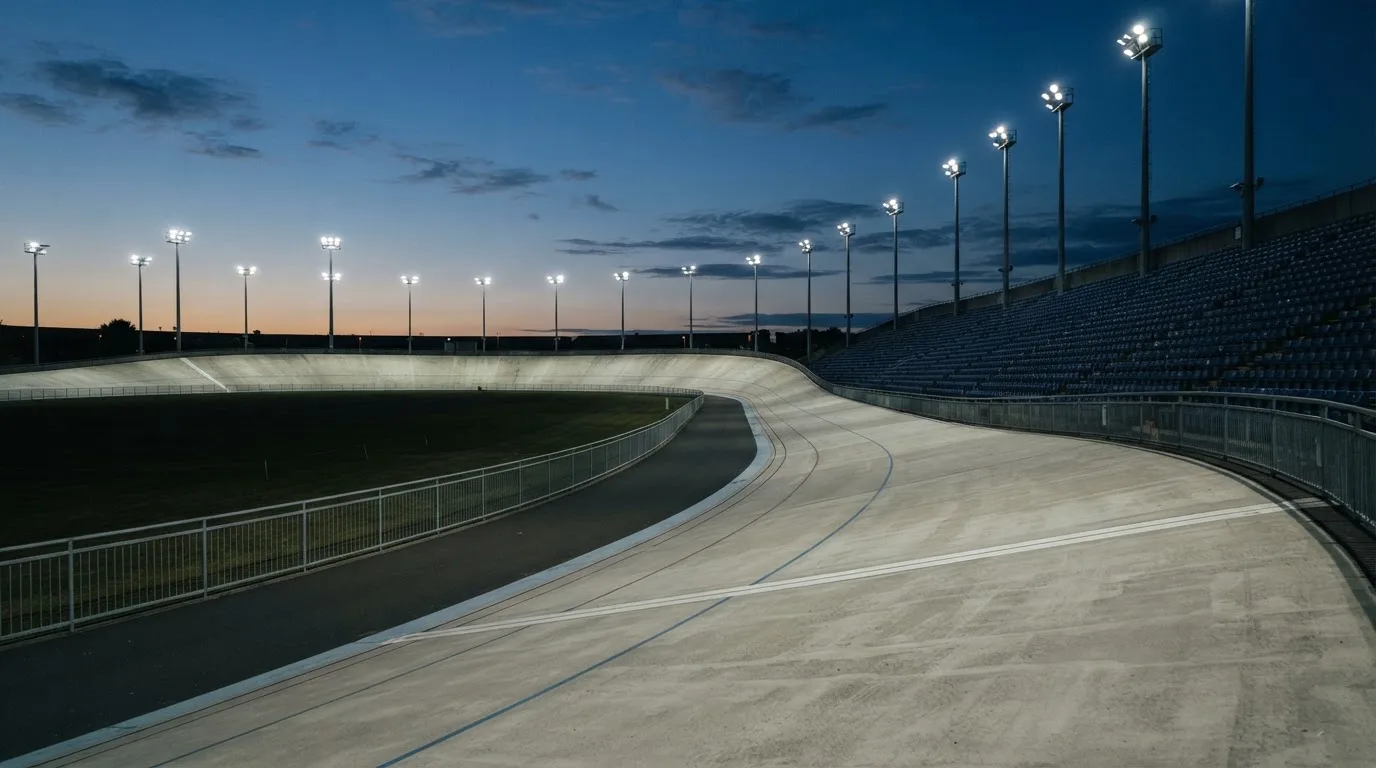 An empty football stadium with floodlight masts at dusk