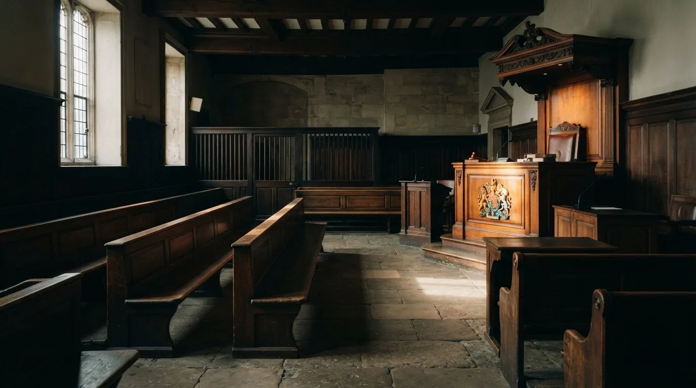An empty courtroom with wooden benches in morning light