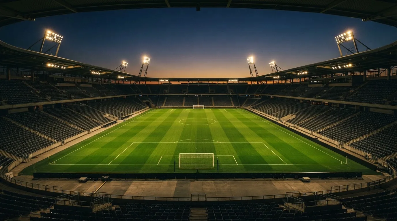 An empty football stadium with floodlight masts at dusk