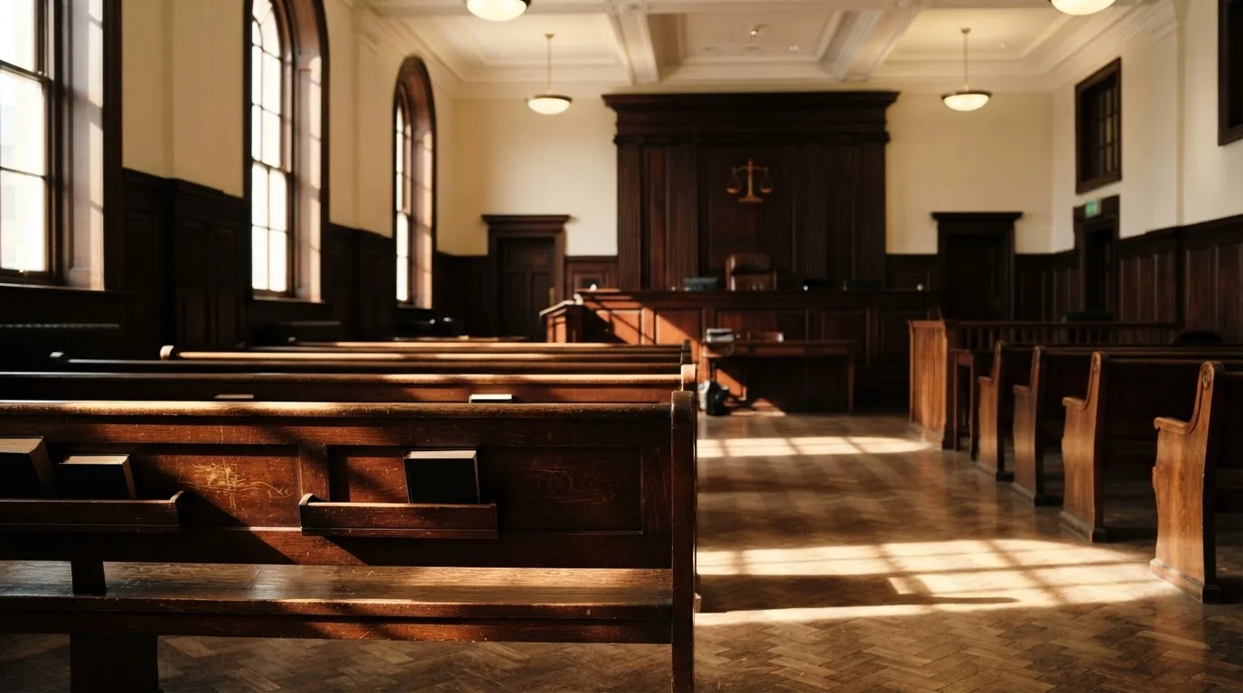An empty courtroom with wooden benches in morning light