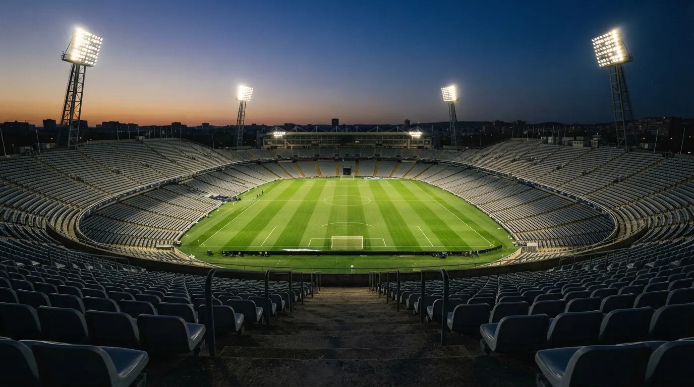 An empty football stadium with floodlight masts at dusk