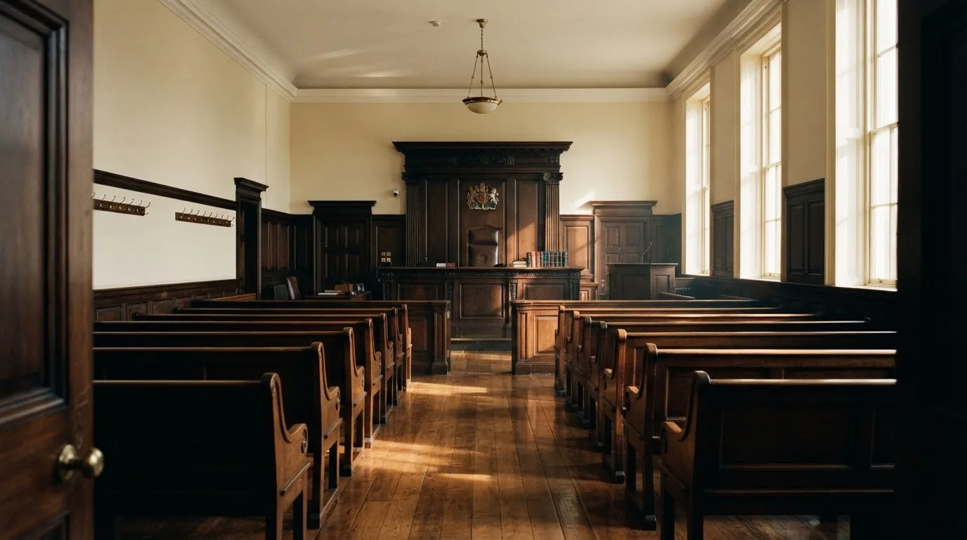An empty courtroom with wooden benches in morning light