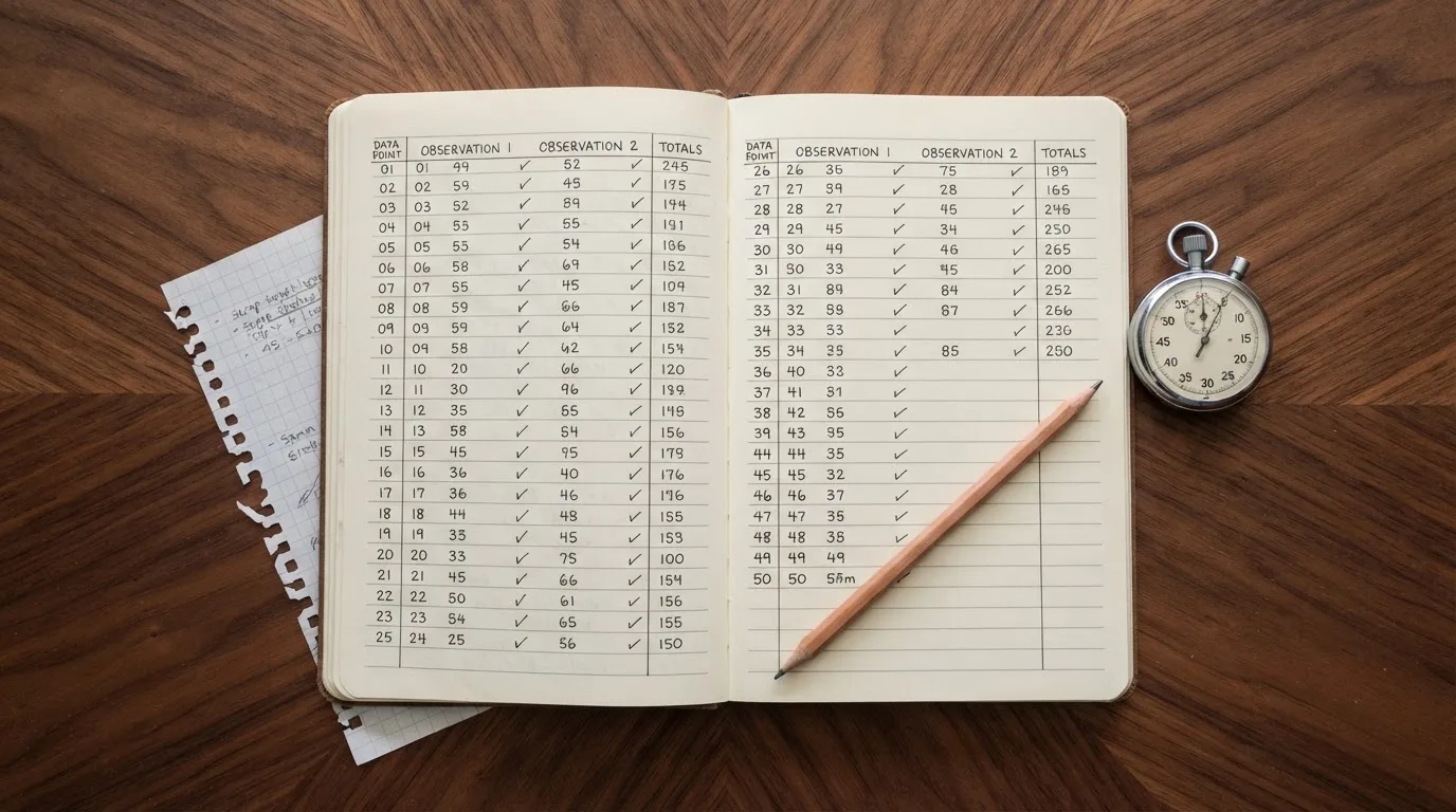An open notebook with a pencil and a stopwatch on a wooden table