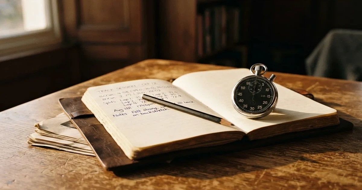 An open notebook with a pencil and a stopwatch on a wooden table
