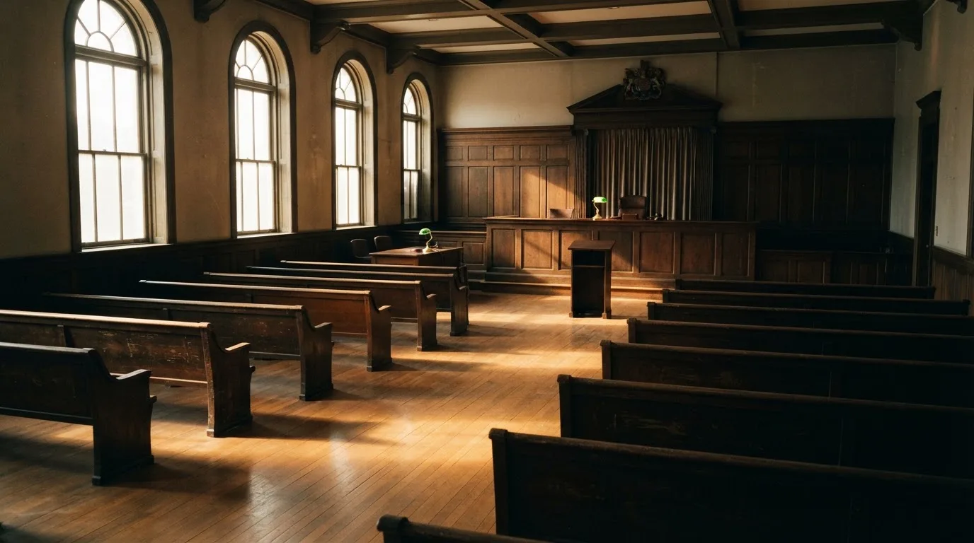 An empty courtroom with wooden benches in morning light