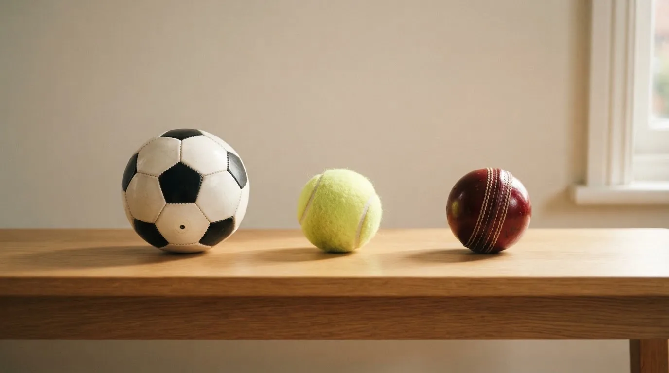Three balls of different kinds side by side on a wooden bench