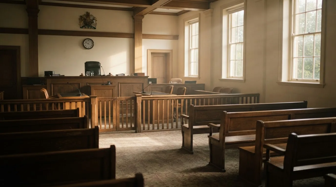 An empty courtroom with wooden benches in morning light