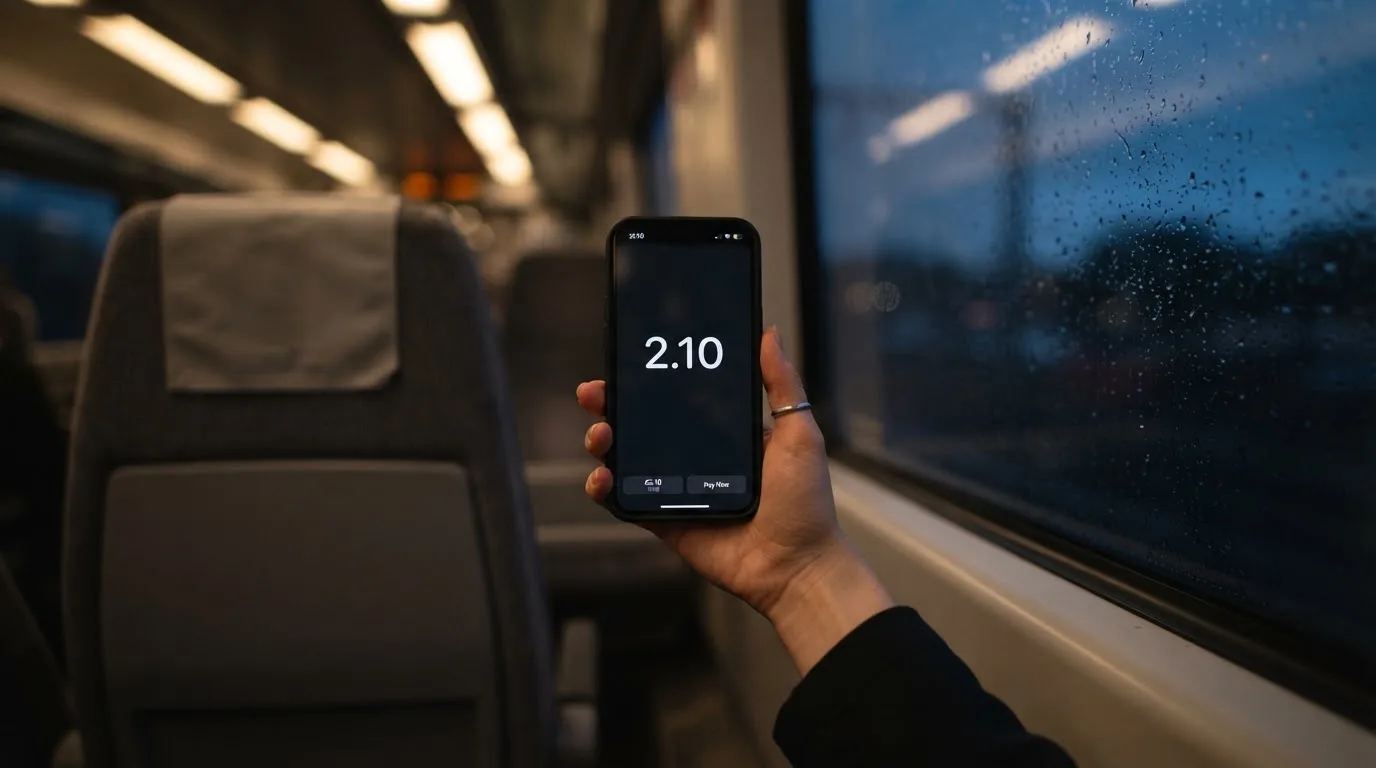 A hand holding a smartphone on a train in the evening, screen turned away