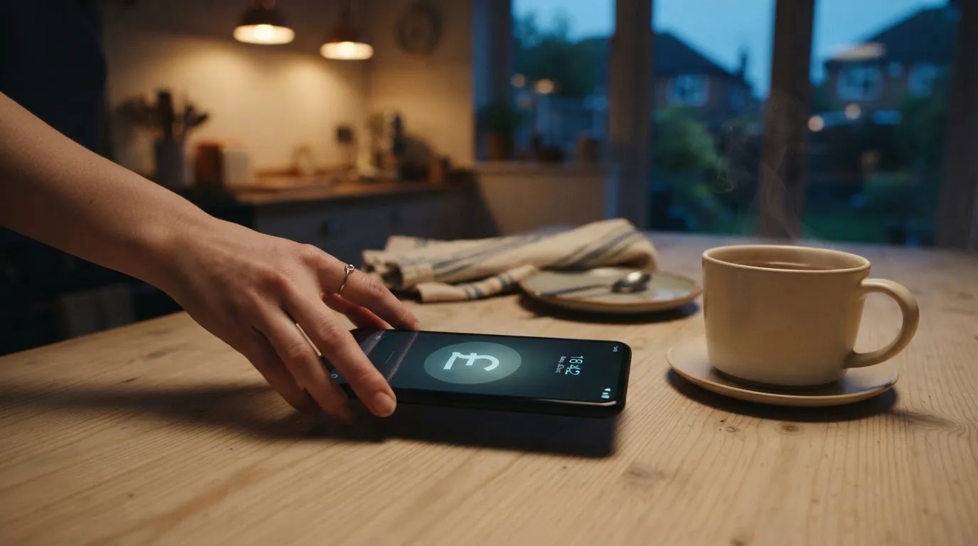 A hand setting a smartphone down beside a cup of tea on a kitchen table on a quiet evening