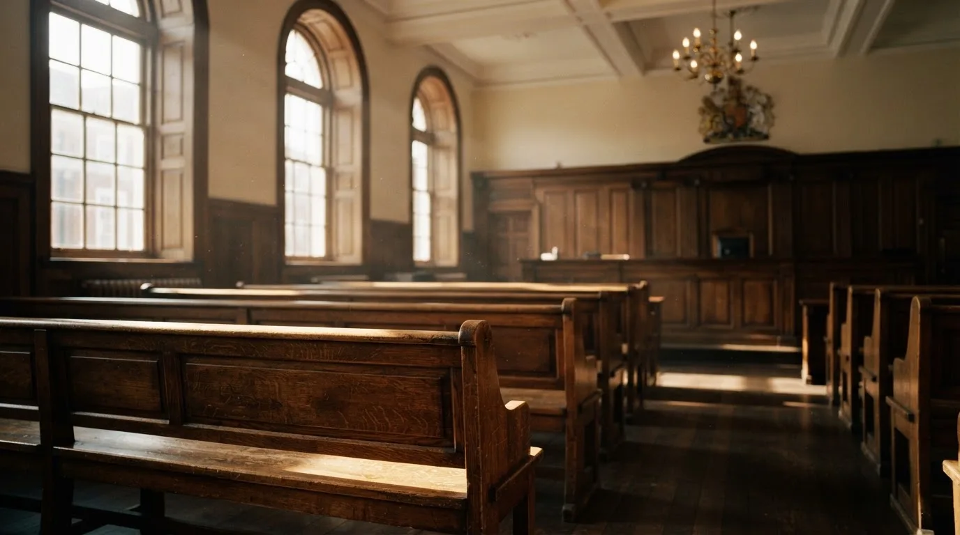 An empty courtroom with wooden benches in morning light