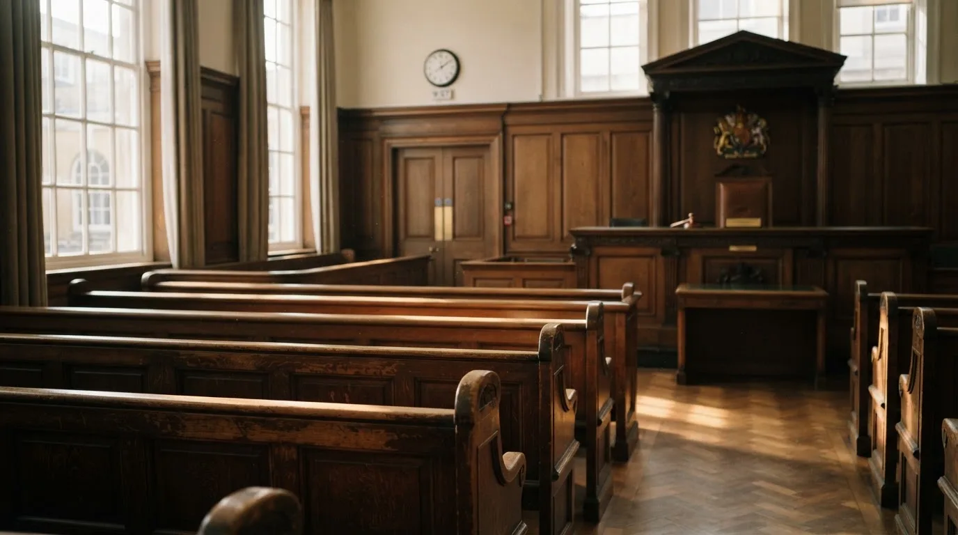 An empty courtroom with wooden benches in morning light