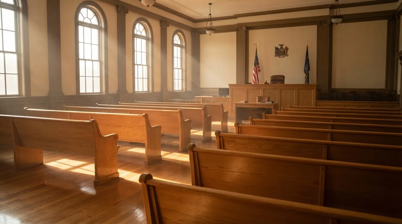An empty courtroom with wooden benches in morning light