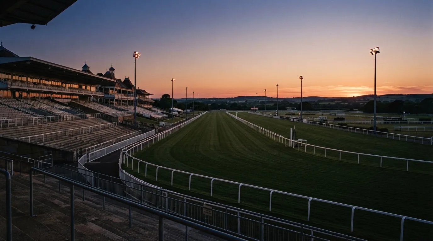 An empty football stadium with floodlight masts at dusk