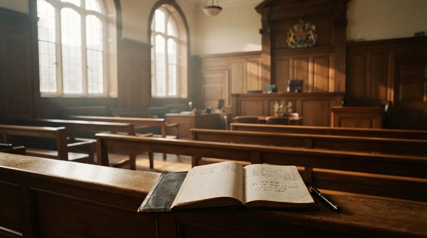 An empty courtroom with wooden benches in morning light