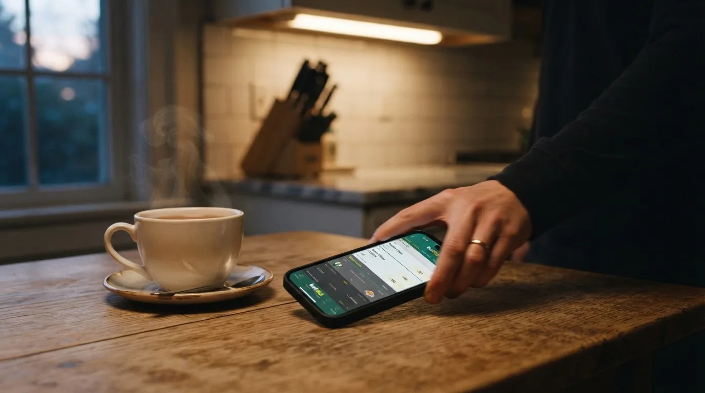A hand setting a smartphone down beside a cup of tea on a kitchen table on a quiet evening